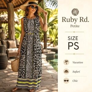 Ruby Rd Petite Maxi Dress Womens PS Black Leopard Striped Bold Safari‎ Vacation